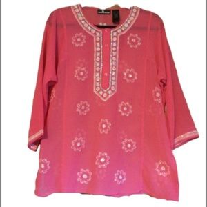 DKNY sheer embroidered sequined coral tunic sz XL